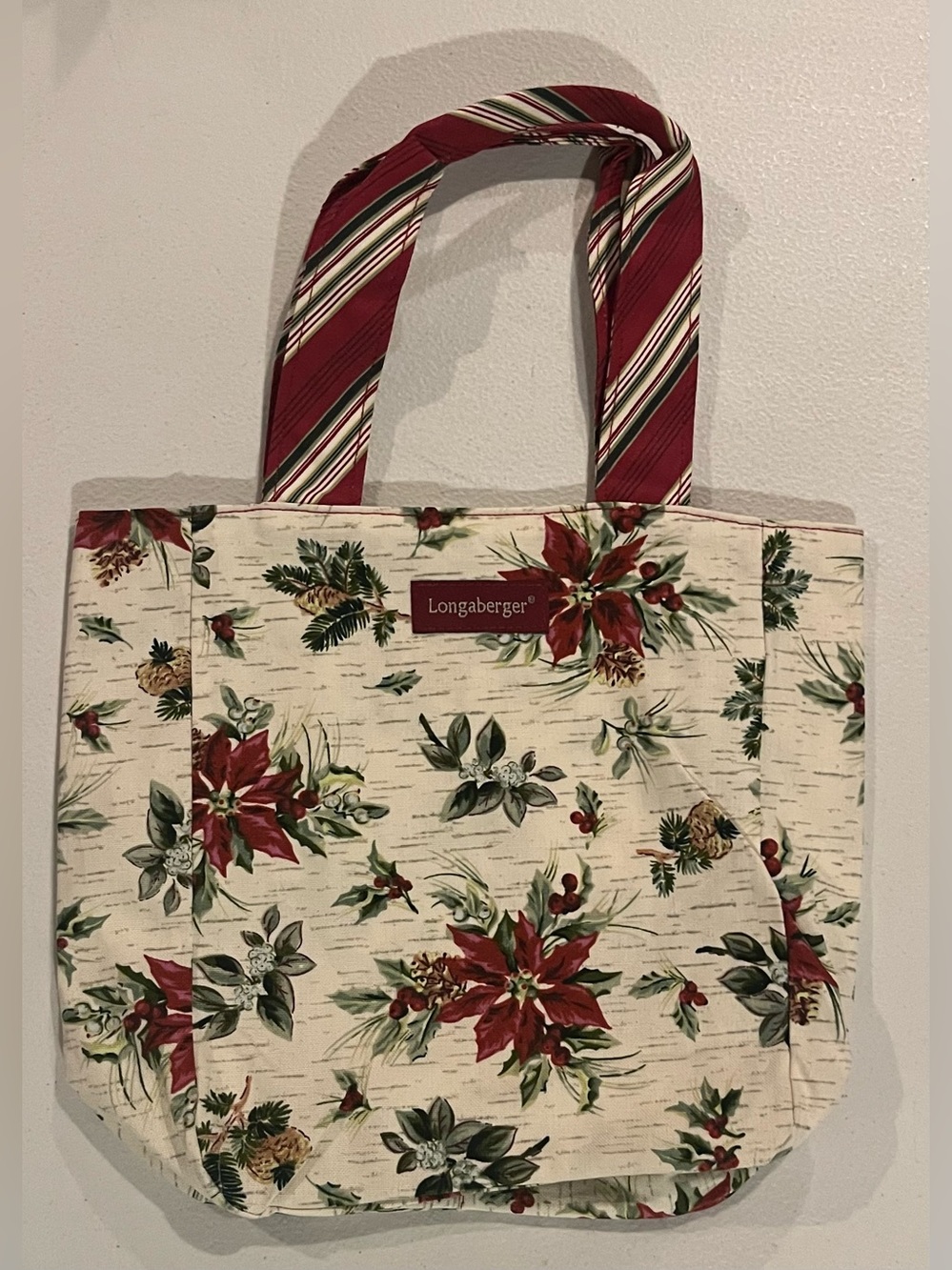 Longaberger Cream Tote with Red Poinsettia Print and Striped Handles